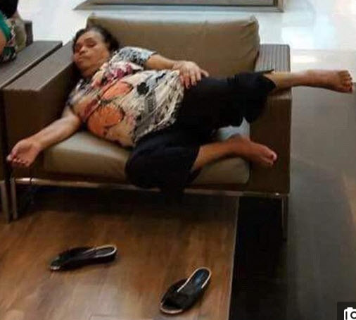 Woman falls asleep at the shopping mall